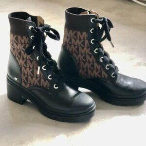 Micheal Kors Brea Leather and Logo Jacquard Combat Boot